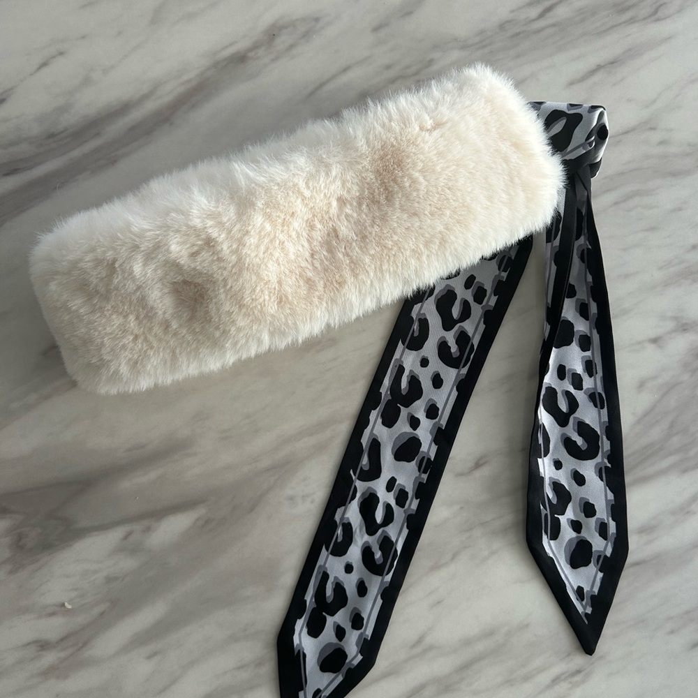 Elegant Cream Faux Fur Headband with Animal Print Scarf